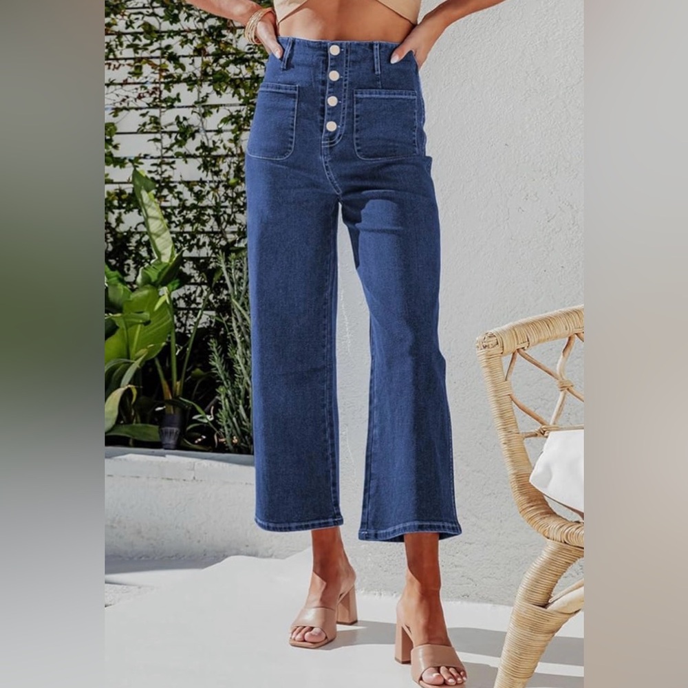 High-Waist Button-Front Wide Leg Cropped Jeans